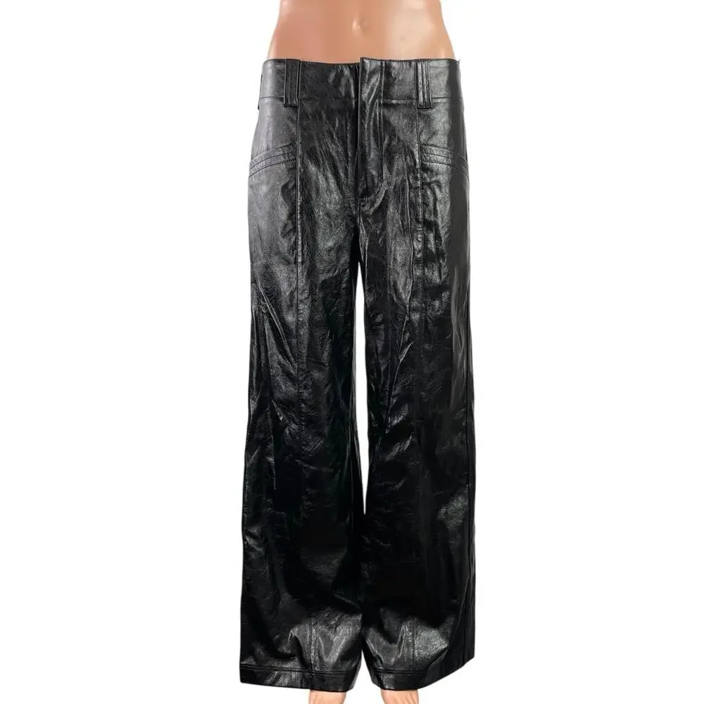 Free People Star Crossed Lovers Black Faux Leather Wide Leg Trousers Pants Sz 4